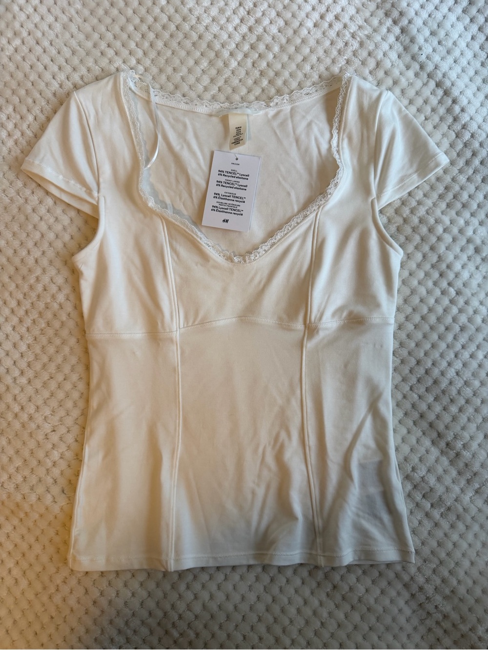 H&M Cream Lace-Trim Fitted Short Sleeve Camisole